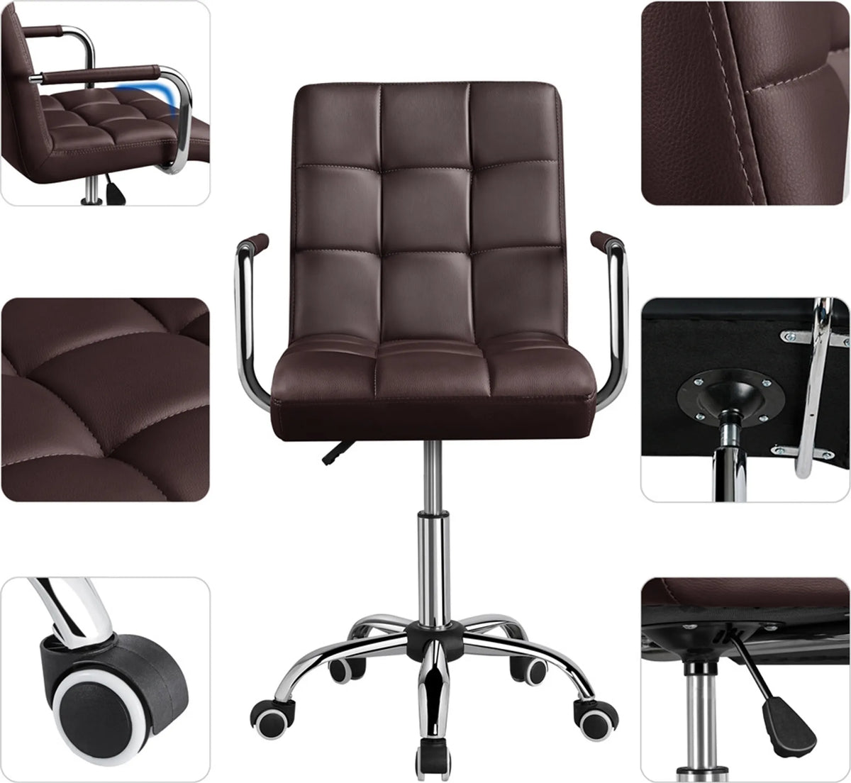 Yaheetech Chaise de bureau à hauteur d'assise réglable - 55 x 60,5 x 86,5-102 cm - équipée d'un rembourrage en mousse confortable, de roulettes insonorisantes et d'une structure en métal galvanisé - pour le bureau et la maison - en similicuir marron et