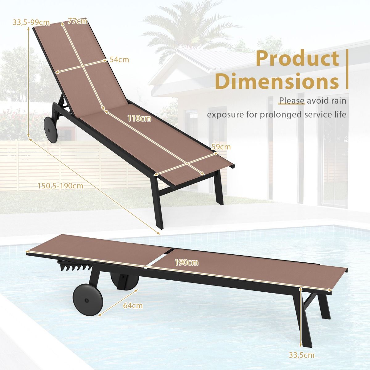 Chaise longue de jardin Coast sur roulettes - dossier réglable sur 6 positions - revêtement respirant - marron - 1 pièce
