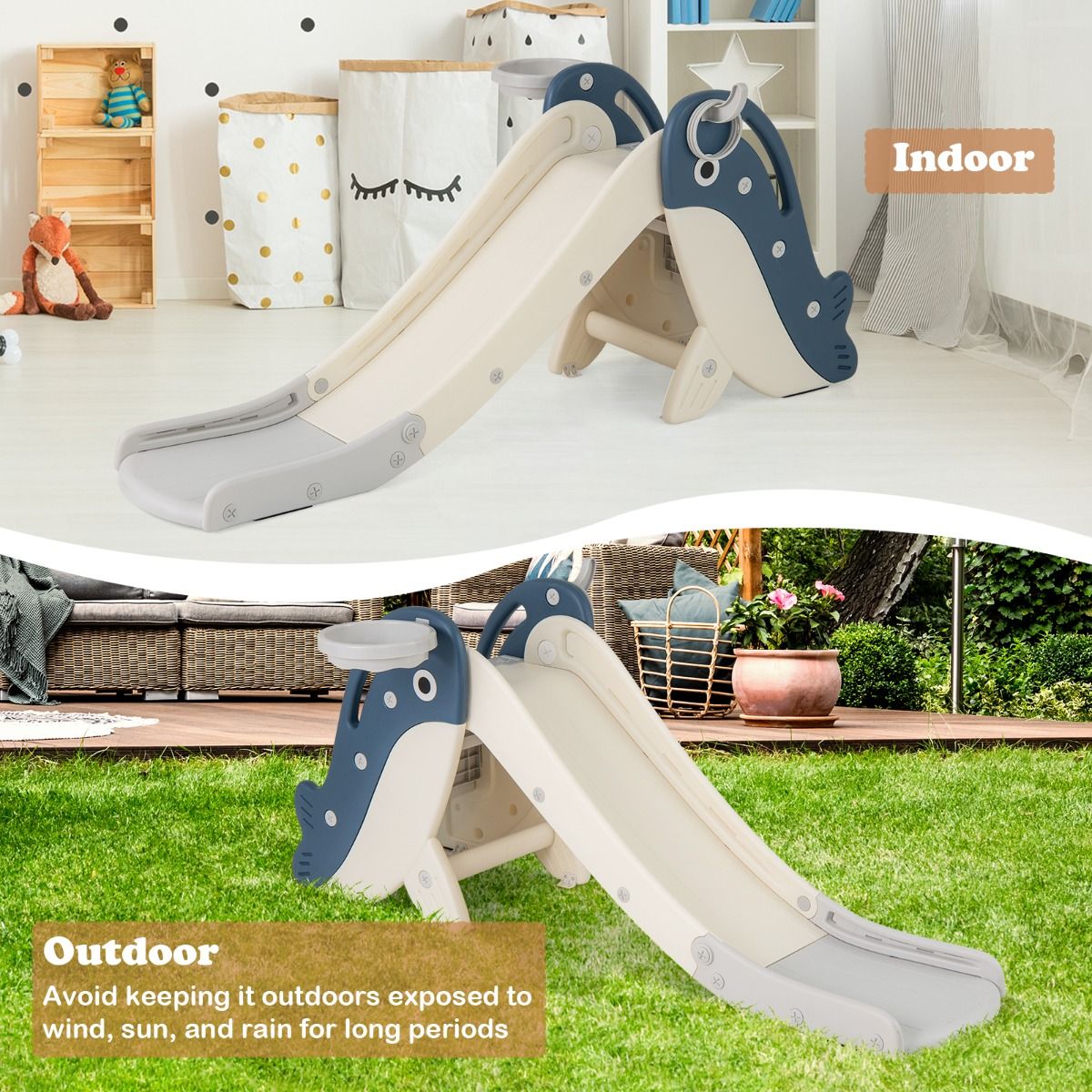Toboggan pour enfants Coast avec panier de basket et jeu de lancer d'anneaux - Ensemble de jeu pliable - Motif baleine - Bleu
