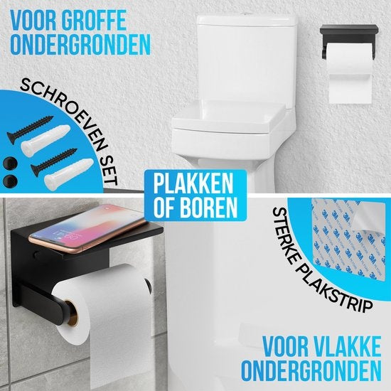 Strex Porte-rouleau de papier toilette avec étagère - Noir - Autocollant / Perçage / Sans perçage - Porte-rouleau de papier toilette - Porte-papier toilette