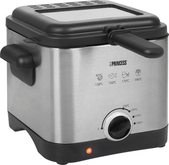 Princess Mini Fryer 182612 - 1,5 litre - Thermostat réglable - Filtre anti-odeurs - Fenêtre de visualisation - Compacte - Convient pour le camping - 1000W - acier inoxydable brossé