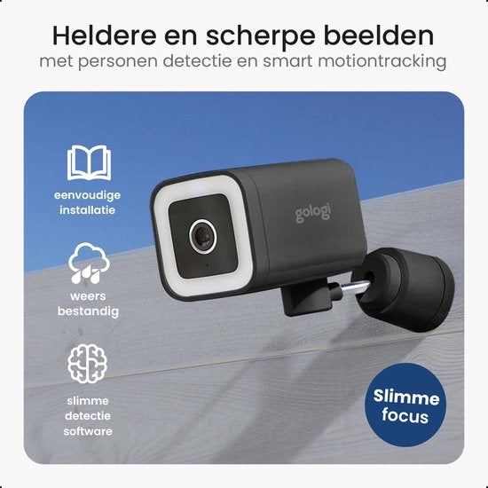 Gologi Premium Outdoor Camera - Caméra extérieure avec vision nocturne - Caméra de sécurité - Caméra de sécurité - 4MP - Caméra IP - Détection de son et de mouvement - Avec câble - Avec Wifi et App - Noir