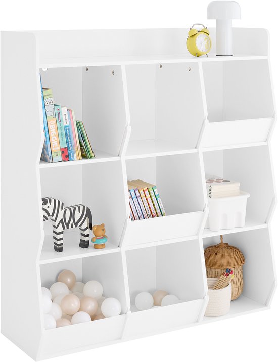 SoBuy Bibliothèque pour enfants, jouets, enfants, avec 9 compartiments, meubles, rangement, jouets, étagère, bibliothèque, porte-revues, blanc, 95 x 34 x 105 cm, KMB120-W