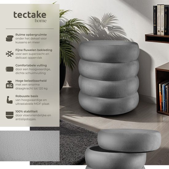tectake® Tabouret avec rangement - Tabouret scandinave en tissu velours - Tabouret rond rembourré pour coiffeuse, chambre, salon ou comme meuble d'entrée - Tabouret de rangement - gris
