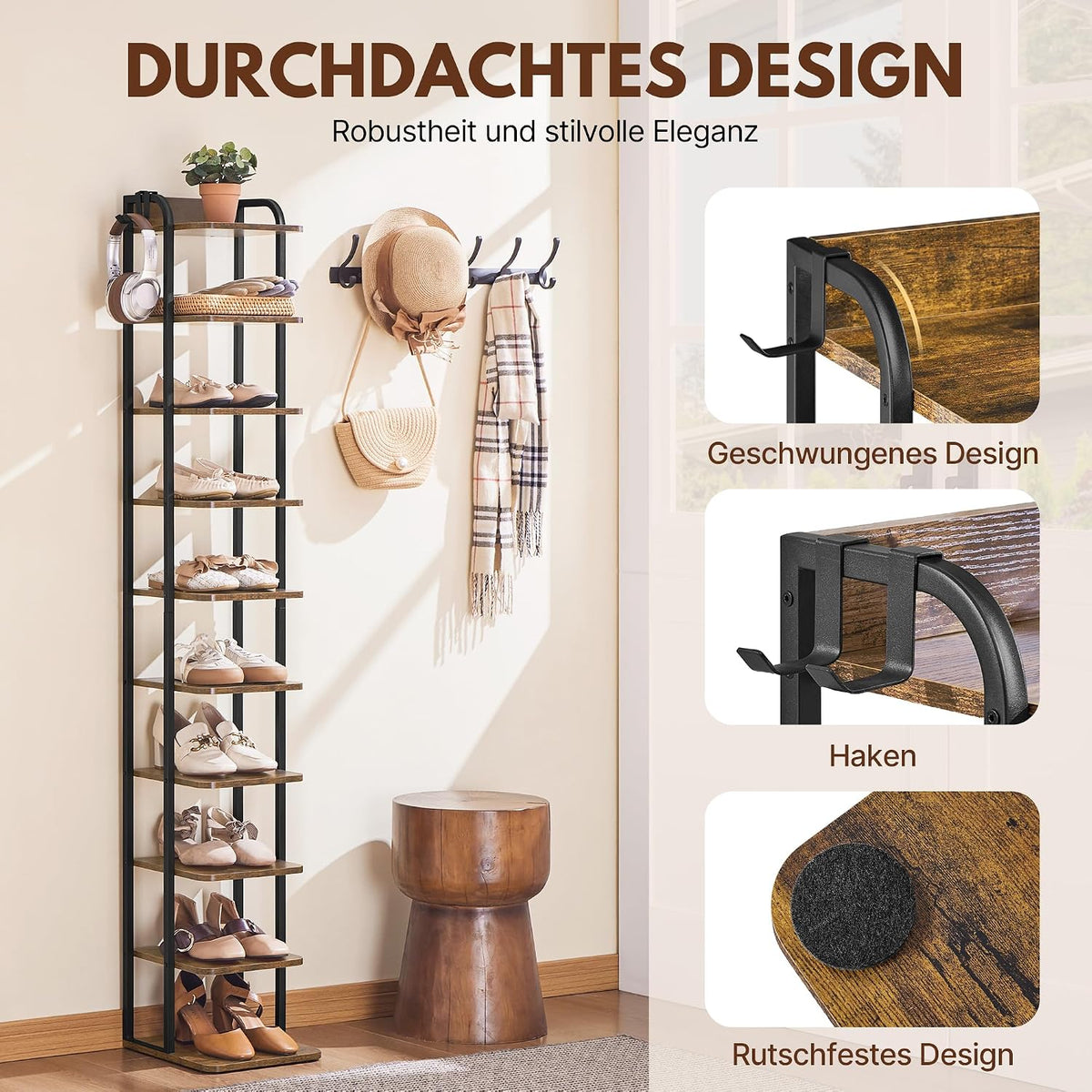 Yaheetech : étagère à chaussures étroite à 10 niveaux - 26,5 x 30 x 162 cm - Avec crochets - Bois et métal vintage - Marron rustique