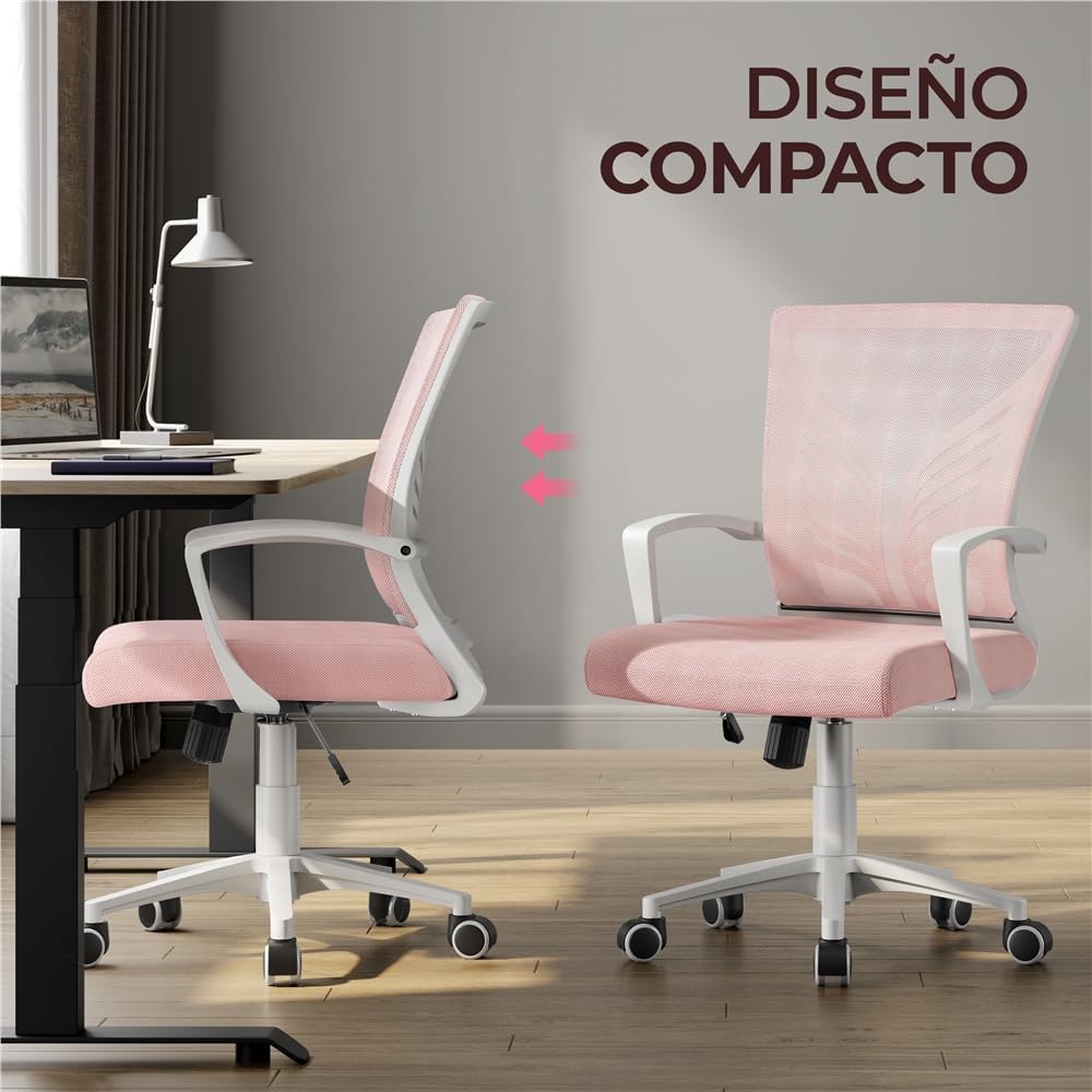Chaise de bureau pivotante Yaheetech - Tissu maillé - Rose - Soutien lombaire ergonomique - Hauteur réglable - Fonction d'inclinaison