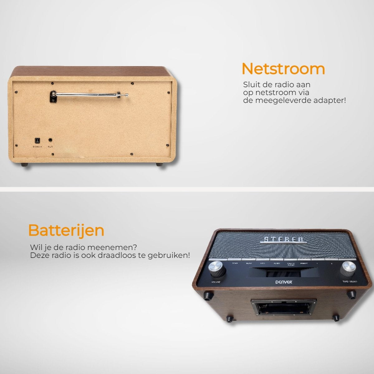 Denver DAB Radio - Retro Radio XL - DAB+/ FM Radio - Bluetooth - Dimmable - 100W - Batteries & secteur - DAB36 - Bois