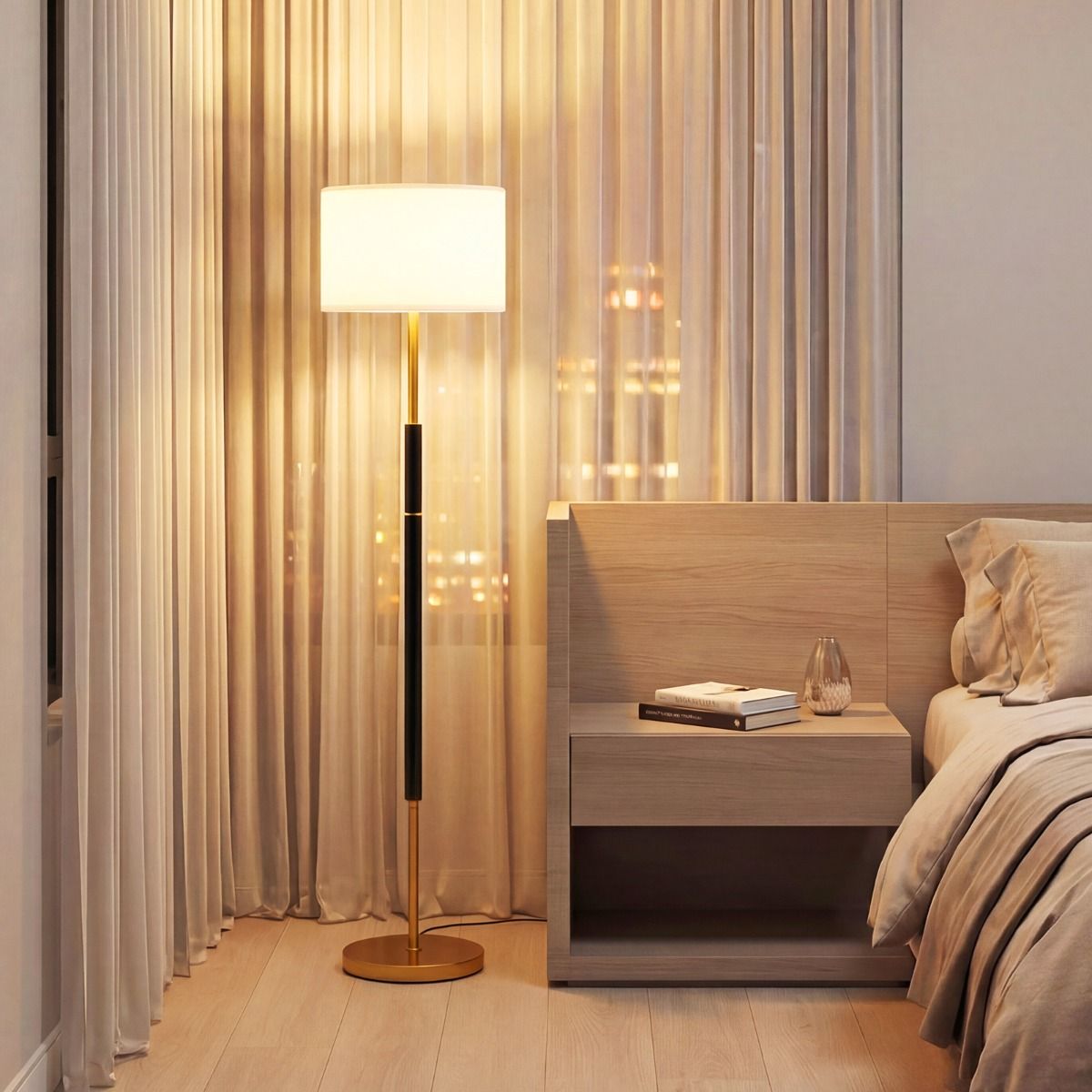 Lampe sur pied Coast - abat-jour en lin - interrupteur au pied - noir - 165 cm