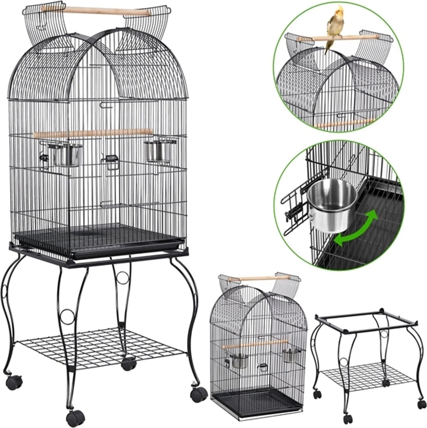 Yaheetech Cage à oiseaux - Perruches et perroquets - 59.5x59.5x150 cm - Mobile - Support amovible - Perchoirs - Noir