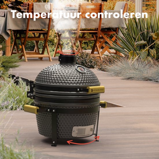 KitchenBrothers Kamado BBQ - 16 Inch Charcoal Barbecue - 34⌀ cm - PFAS-free - Deluxe Set - Egg BBQ with Accessories - Grey