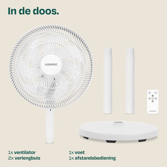 Ventilateur de sol VONROC - 3 vitesses – télécommande incluse - minuterie - réglable sur 3 hauteurs - blanc