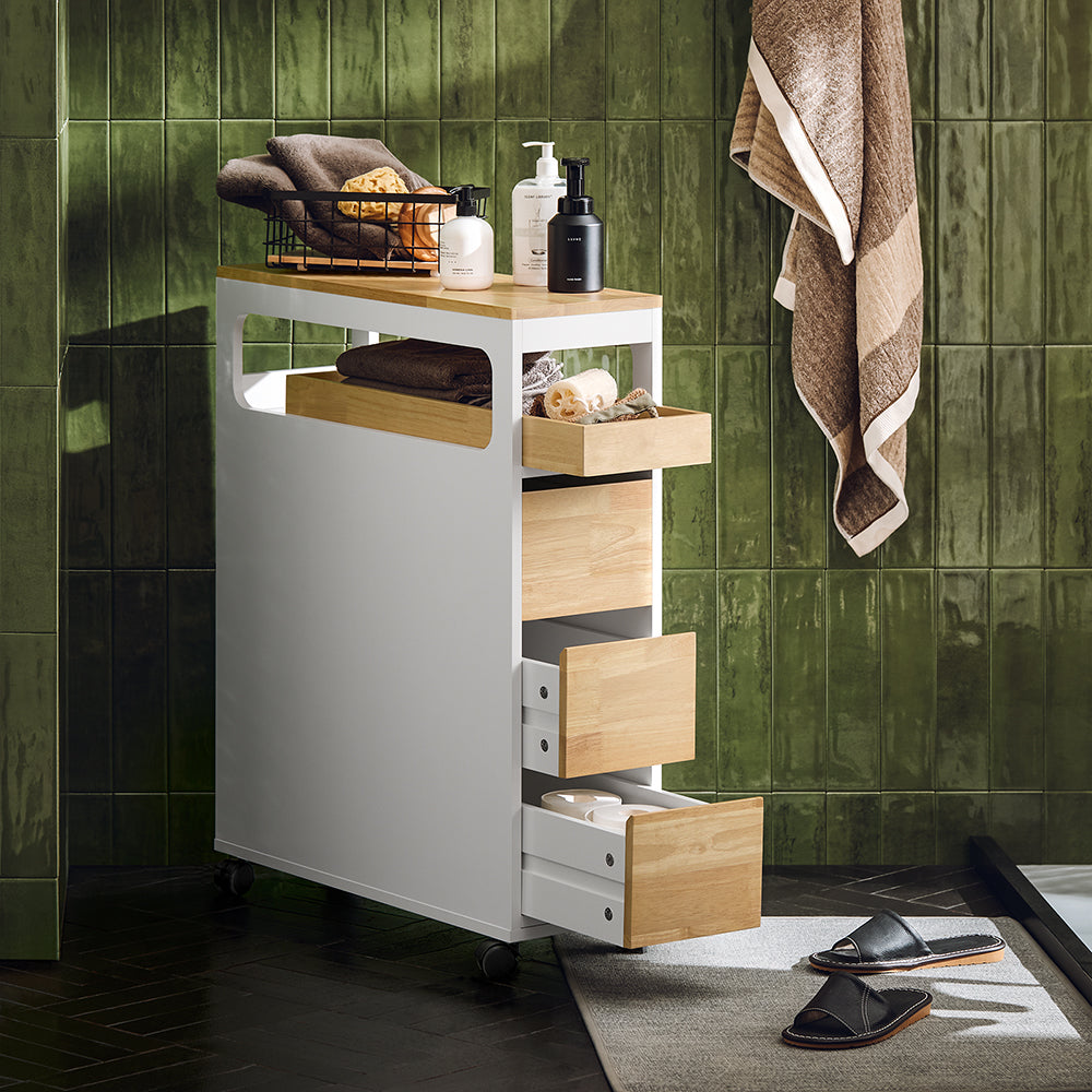 SoBuy BZR54-WN - Etagère de salle de bain avec 3 tiroirs - Plateau amovible - 23 x 82 x 65 cm - Blanc/Bois