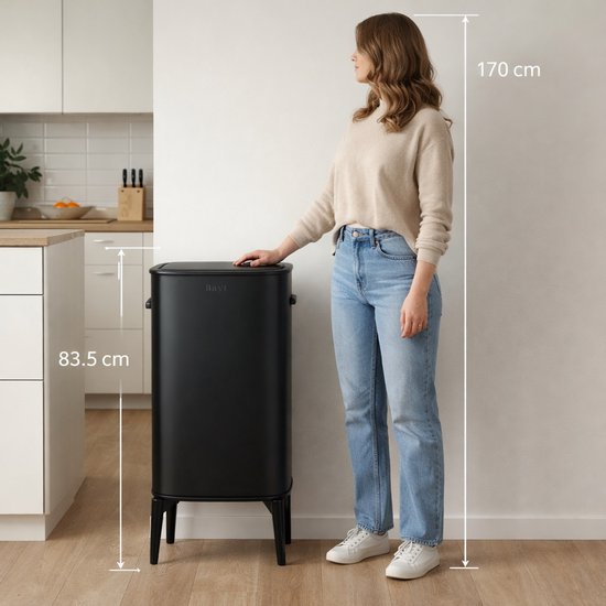 Bayt Poubelle sur pieds - Poubelle 60 litres - Poubelle - Corbeille - Acier inoxydable - Noir - 53L