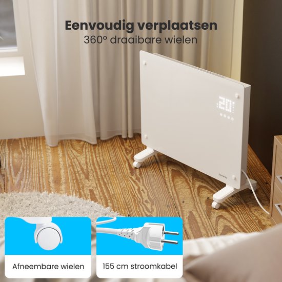 Auronic Electric Heater - Convector Heater with Thermostat and Remote Control - Glass Panel Heater - 1500W Heater - White