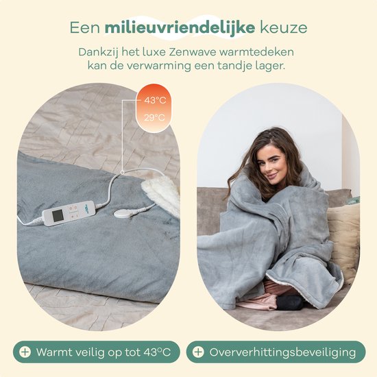 Couverture électrique Zenwave 180x130cm - Résistance à la machine à laver Couverture grise - Couverture chauffante à 10 réglages - Plaid chauffant en polaire ultra doux - Couverture électrique - Camping et plein air - 1 personne