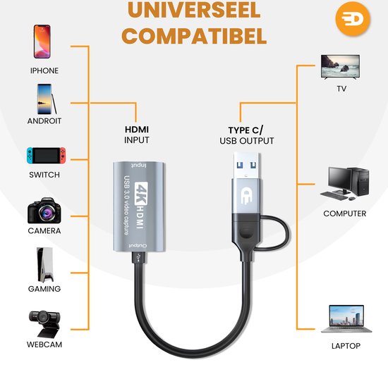 Drivv. Carte de capture vidéo - Carte de capture de jeu - 4K 30Hz - USB 3.0 et USB-C - Convient à PlayStation, Xbox, Nintendo, Windows, MAC