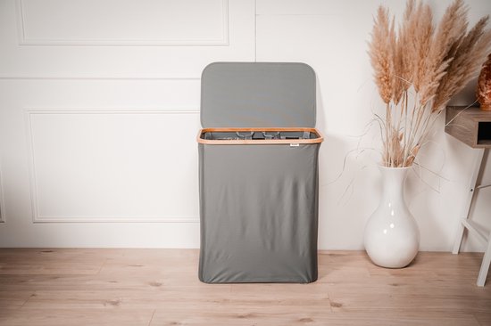 Panier à linge Dymac, 145 Litres, 3 compartiments, Trieur de linge en bambou, Avec 3 sacs à linge amovibles, Gris