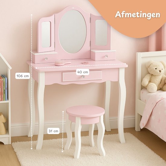 Table de maquillage Maxx Kidz pour enfant avec miroir - Table de maquillage en bois rose pour enfant avec tabouret - Table de maquillage pour enfants - Jouet pour filles à partir de 3 ans