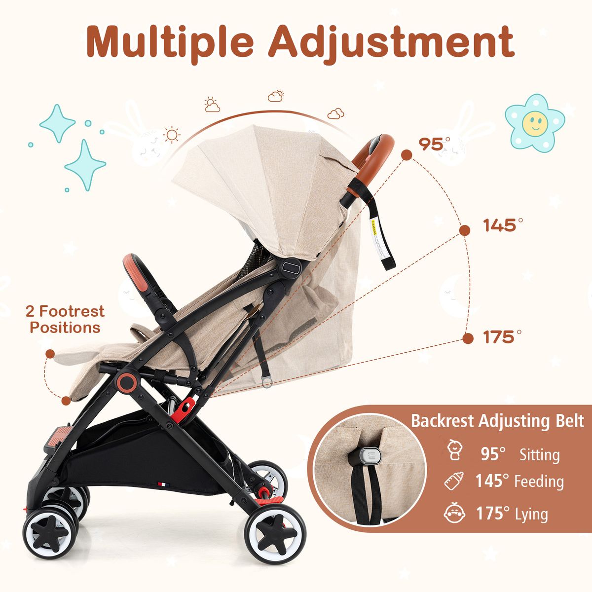 Poussette pliable Coast - dossier et repose-pieds réglables - roues amortissantes - beige