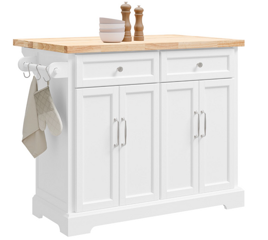 SoBuy - Ilot de cuisine et chariot de cuisine FKW71-WN - 115x71x93 cm - Blanc et hévéa naturel - Plan de travail extensible et meuble de rangement - Bloc de cuisine mobile sur roulettes - FKW71-WN