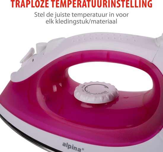 alpina Fer à vapeur - 2000 Watt - Température sans palier - Vapeur boost - Fonction spray - Semelle en acier inoxydable - Rose
