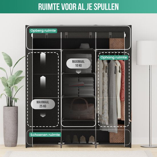 Avalo Armoire en tissu pliable XXL - 150x45x175 CM - Armoire - Armoire de chambre - Noir