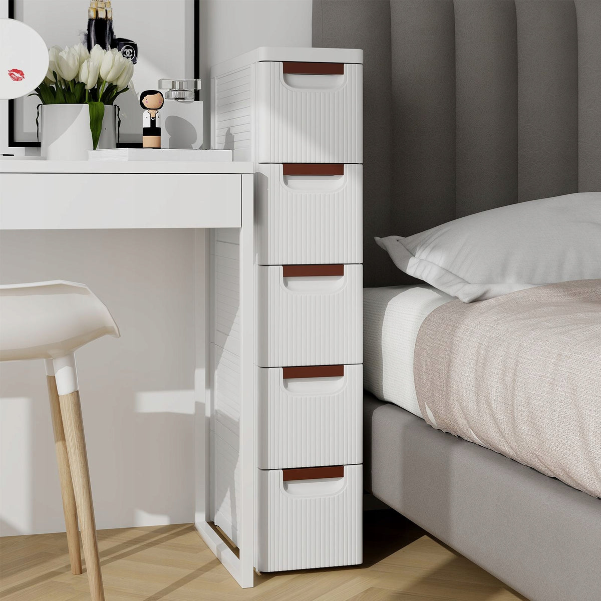 Coast Bathroom Cabinet Beige/White - 42 x 19 x 91 cm - Meuble de rangement étroit sur roulettes avec 5 tiroirs