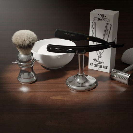 Rasoir ouvert ProTrue avec 100 lames - Rasoir de barbier classique - Shavette - Rasoir de sécurité - Rasoir ouvert pour hommes