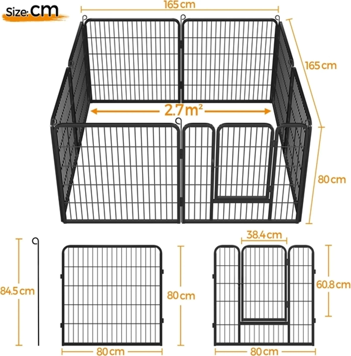 Enclos pliable pour chiens et chiots Yaheetech, 8 éléments, avec porte et piquets de fixation, hauteur 80 cm – Noir – Métal