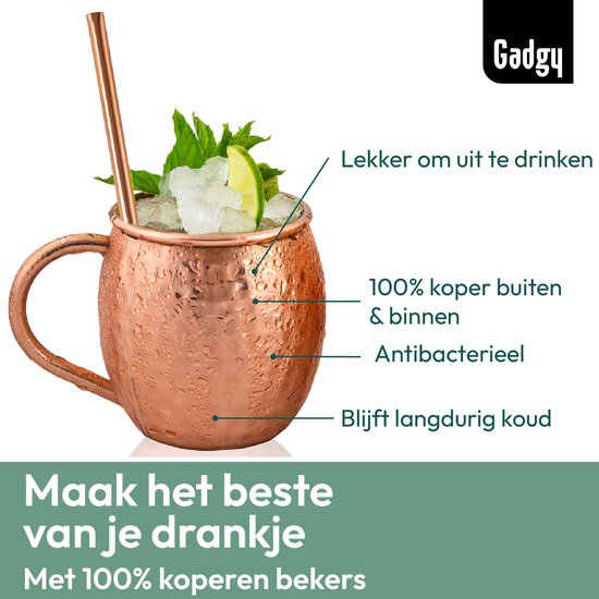 Gadgy Moscow Mule Cups 4-Piece Set - 100% Copper - Cocktail Set : 4 verres à cocktail, 4 pailles et 1 mesure de bar - Cadeau pour femme et homme