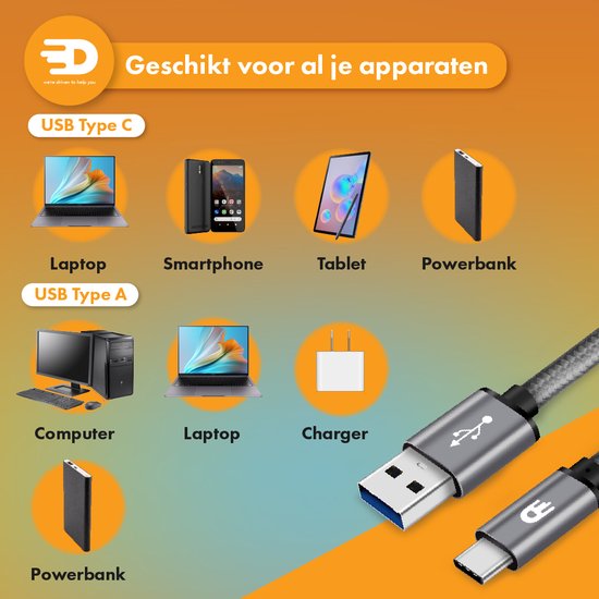 Drivv. Câble USB vers USB C - Chargeur rapide - Câble de données et de charge USB C - 5 mètres - Convient à Samsung, iPhone 15 et autres - Gris spatial