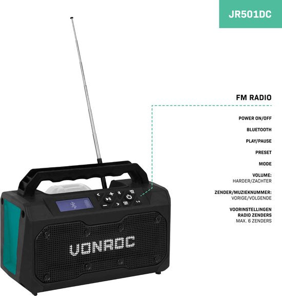 VONROC Radio de construction à batterie 20V - FM, bluetooth & USB - Haut-parleurs portatifs bass-reflex - Sans batterie ni chargeur rapide