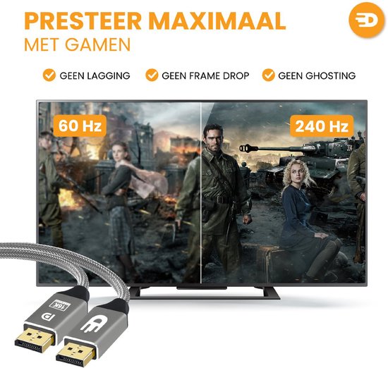 Drivv. Câble DisplayPort 2.1 - 16K 60 Hz - 8K 120 Hz - 4K 144 Hz - 80 Gbps - DisplayPort vers DisplayPort - Câble DP - 3 mètres - Gris