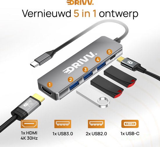 Hub USB-C haut de gamme 5 en 1 - HDMI 4K 30 Hz - PD 100 W - USB 3.0 - USB 2.0 - Répartiteur USB - Adaptateur - Gris sidéral