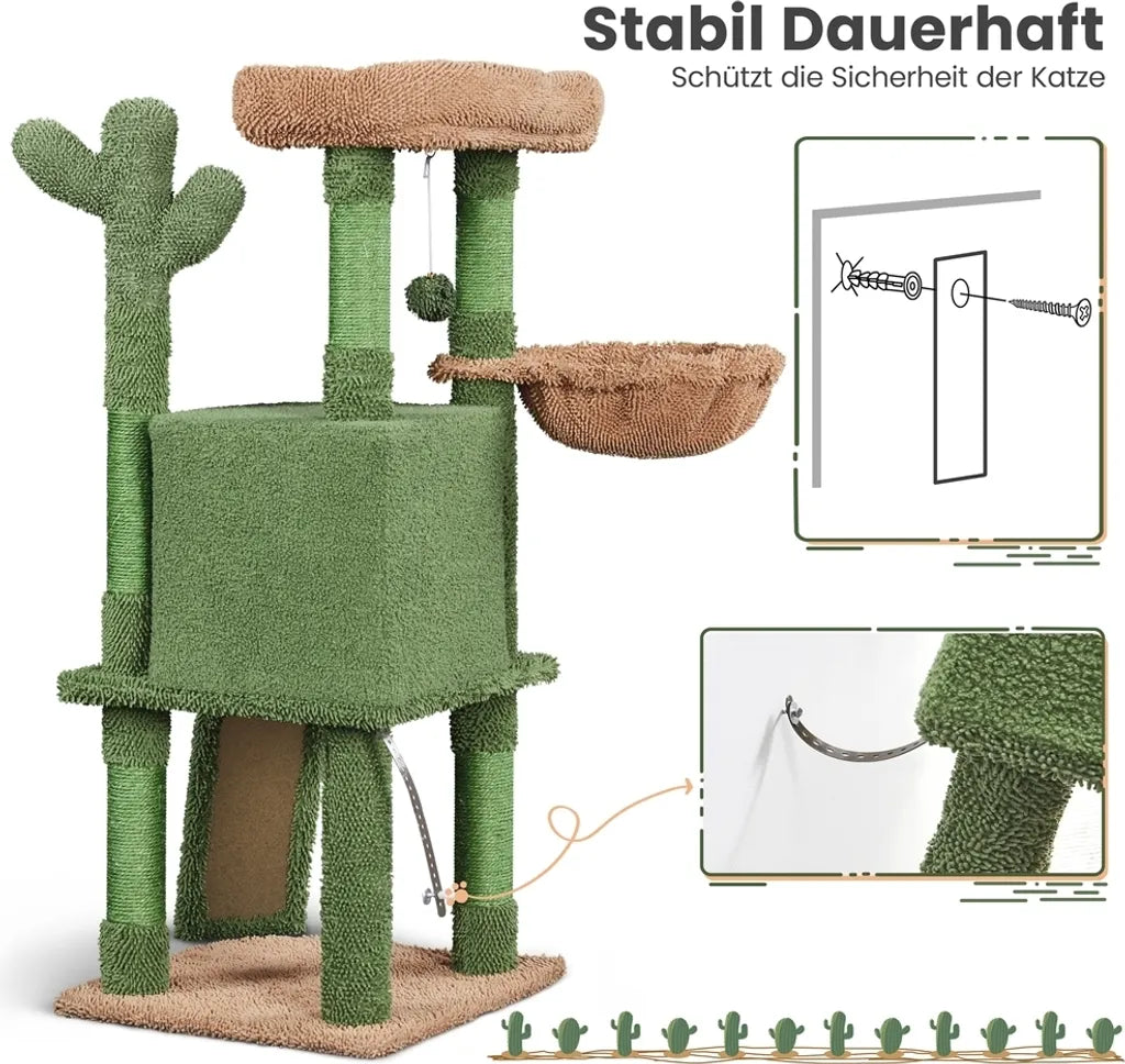 Yaheetech Arbre à chat « Kaktus » XS 42,5 x 42,5 x 106,5 cm - Vert/Marron - Arbre à chat avec maison, panier suspendu et poteaux en sisal