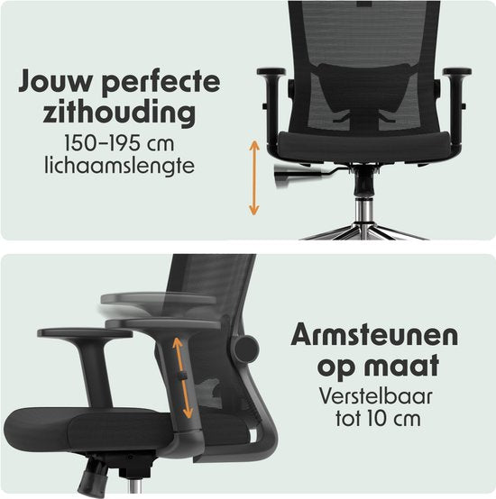 LifeGoods Chaise de bureau ergonomique - avec roulettes anti-rayures supplémentaires - Chaise de bureau - certifiée NEN et SGS - Adultes - Appui-tête - Noir/Chrome