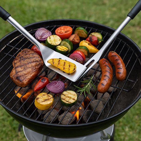 alpina BBQ Tools Set - 6-Piece Barbecue Set with Spatula, BBQ tongs and Meat Fork - Includes 4 Skewers - Stainless Steel - Ideal for Grilling Meat and Vegetables