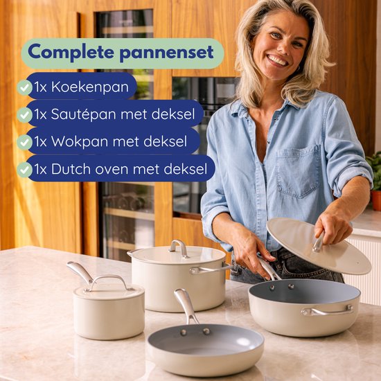 Safecourt Set de poêles 7 pièces - Sans PFAS ni PTFE - Antiadhésif et facile à nettoyer - Induction, électrique, céramique et gaz
