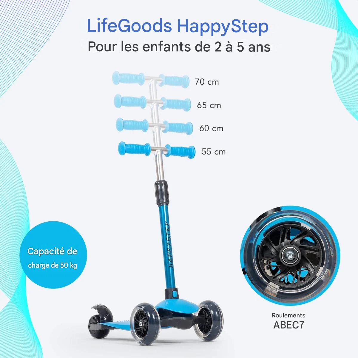 Trottinette pour enfants - LifeGoods HappyStep - 2-5 ans - 3 roues lumineuses - Garçons/Filles - Bleu