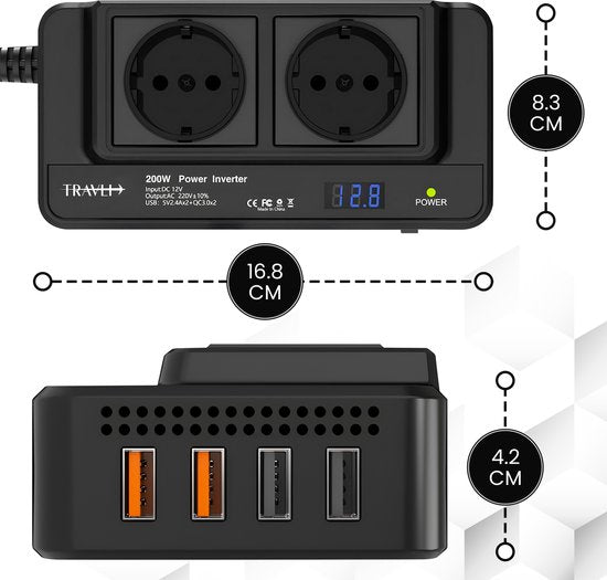 Travli Onduleur 12v 230v - Chargeur de voiture - Onduleur portable - 2x prise 230V - 4x ports de charge usb 5V