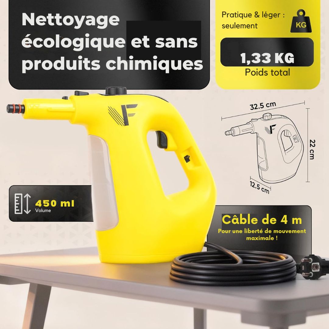 Nettoyeur vapeur portatif 1500 W - Neighbour's Friend 2-en-1 - 120 cm - 450 ml - 4 m Cordon - Jaune