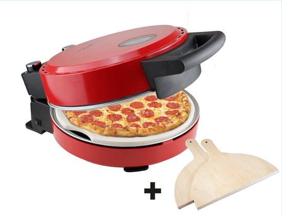 Four à pizza Bestron Turbo pour des pizzas prêtes en 5 à 10 minutes, four à pizza électrique avec une température maximale réelle de 320 °C, livré avec une pierre à pizza et 2 grandes spatules en bois, Viva Italia, couleur : rouge