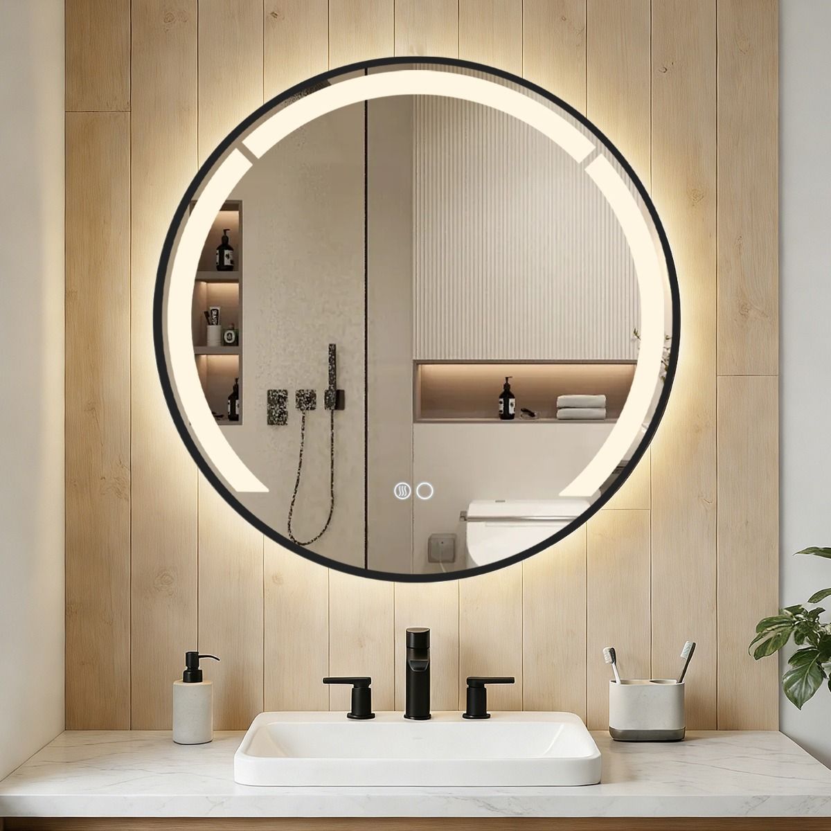 Miroir de salle de bains rond Coast - éclairage LED à intensité variable - fonction anti-buée - noir - 60 cm