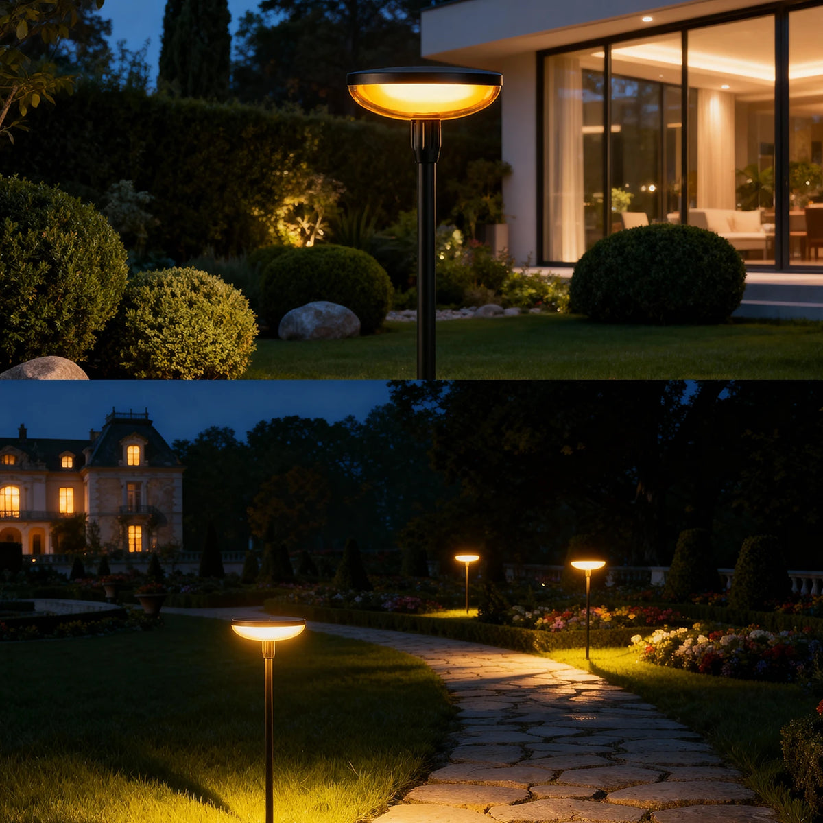 Lot de 4 lampes solaires de jardin VIVREAL – Lampes rondes orientables doubles – 18,1 × 31,49 pouces – Noir