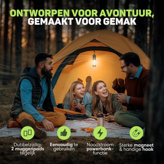 Répulseur Vulpes Goods® - Répulseur de moustiques 3 en 1 - Lampe anti-moustiques rechargeable, Powerbank et lumière - Pour le voyage, le camping, la randonnée - Intérieur et extérieur - 400LM - Magnétique - 10 coussinets parfumés supplémentaires inclus