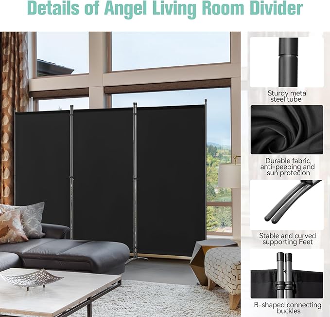Paravent Angel Living - 3 panneaux - 243 x 169 cm - Noir - Autoportant