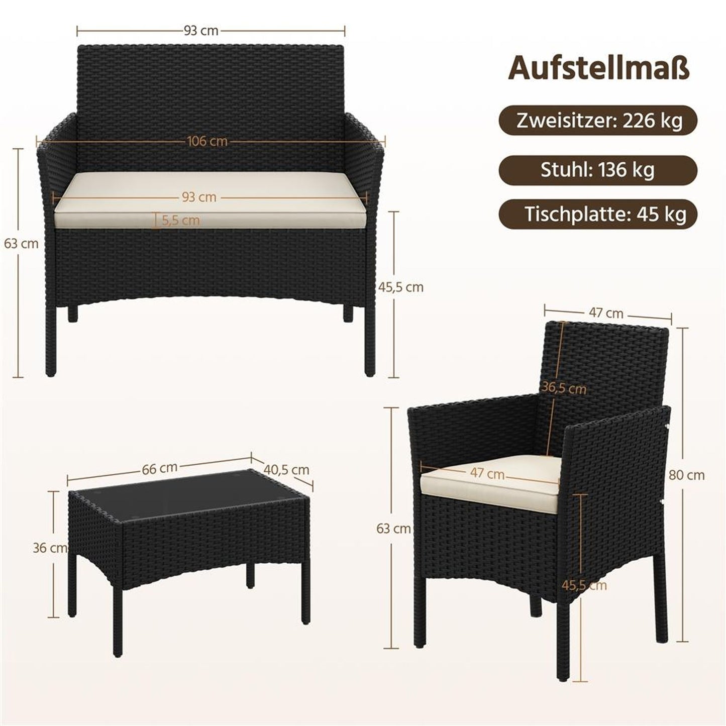 Ensemble de salon Yaheetech en rotin, 4 pièces - Table, 2 chaises et canapé 2 places - Coussins résistants aux intempéries - Noir et beige - 106 x 58 x 80 cm
