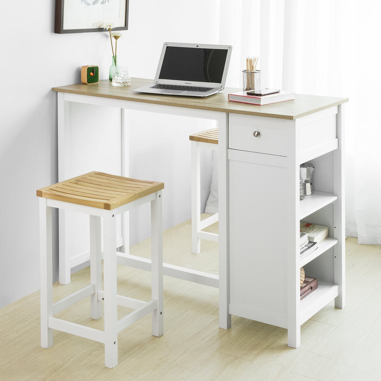 Table haute - SoBuy - Table de cuisine - Avec étagères de rangement - 120 x 55 x 90 cm - Blanc