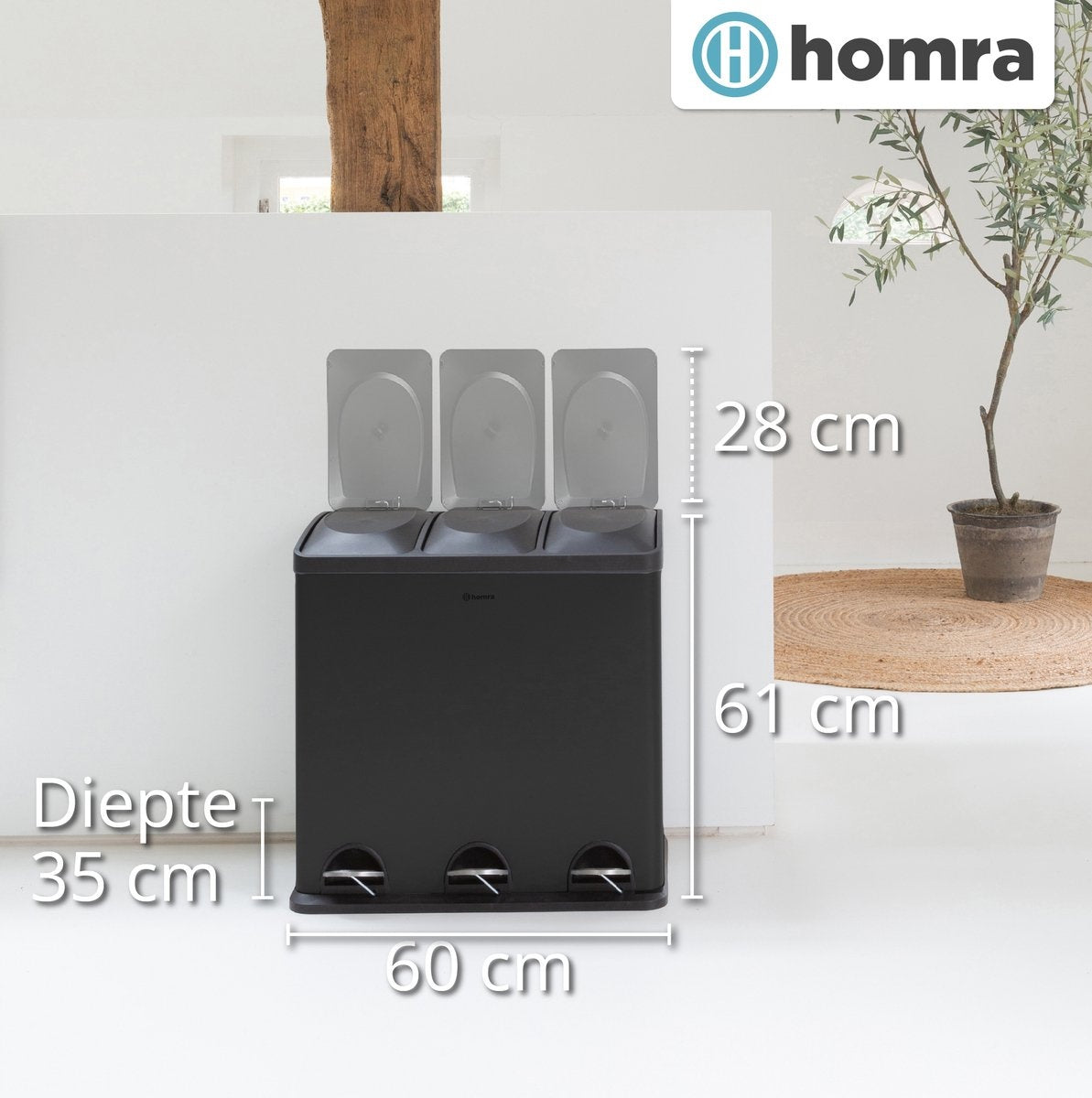 Poubelle a 3 compartiments - Homra MAXER - Poubelle 60 litres (3x 20L) - Noir