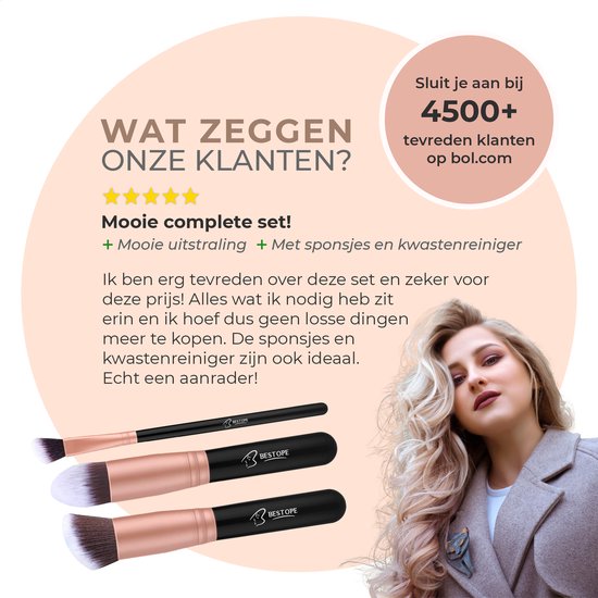 Bestope Set de pinceaux de maquillage avec Beauty blenders 16 pièces - Set de pinceaux - Nettoyeur de pinceaux - Pinceaux - Rose Gold